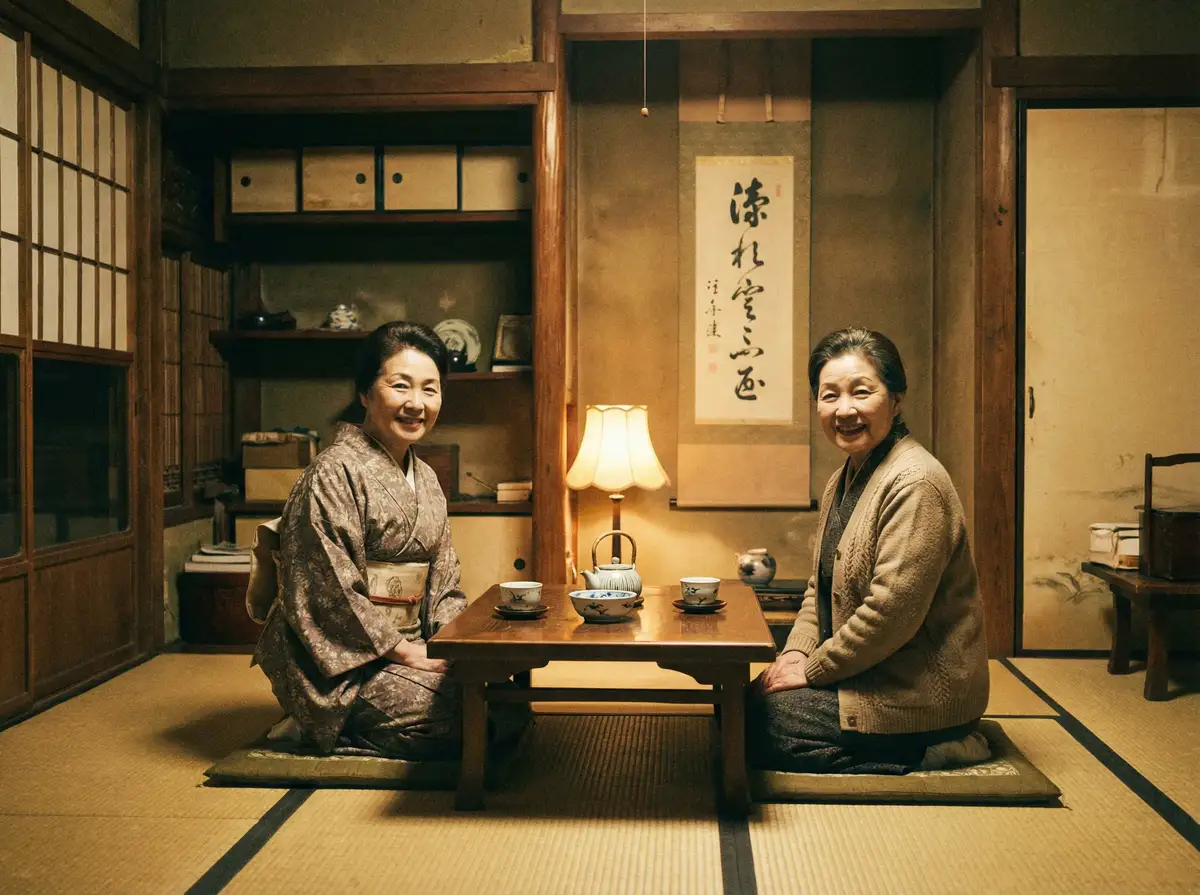 两位优雅的 半岛体体育平台 在日式茶室中品茶交谈